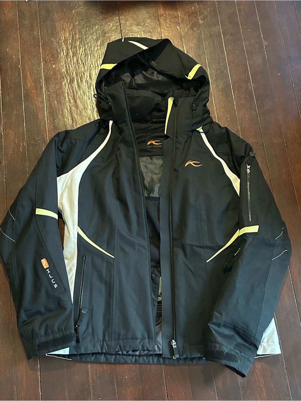 KJUS Storm Hood unisex Ski Jacket Medium Black/White/Yellow Colorblock Hooded